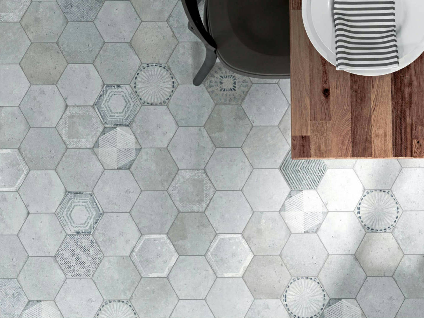 Alma 5.5x6.3” Grey and Grey Decor Hexagon | Mohawk Tile and Marble