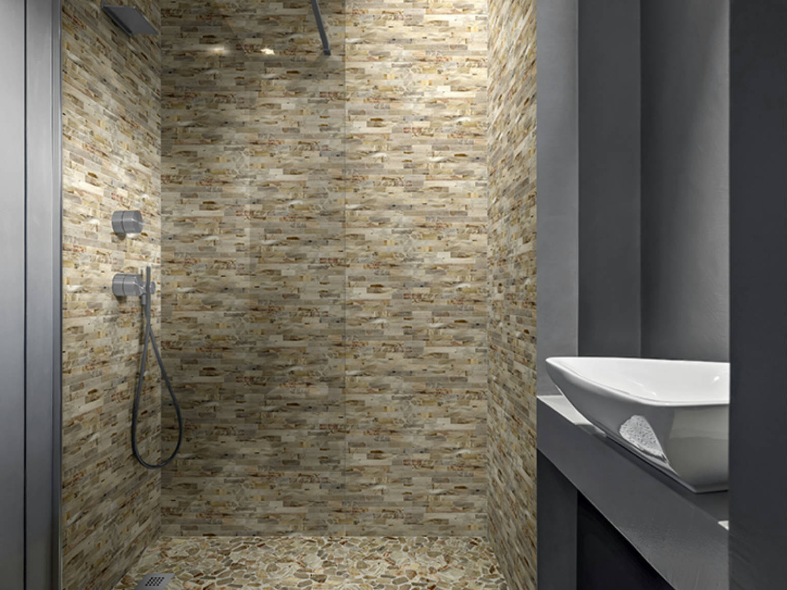 Fossil Wood Mini Opus Mix Beige Interlocking Mosaic | Mohawk Tile and Marble