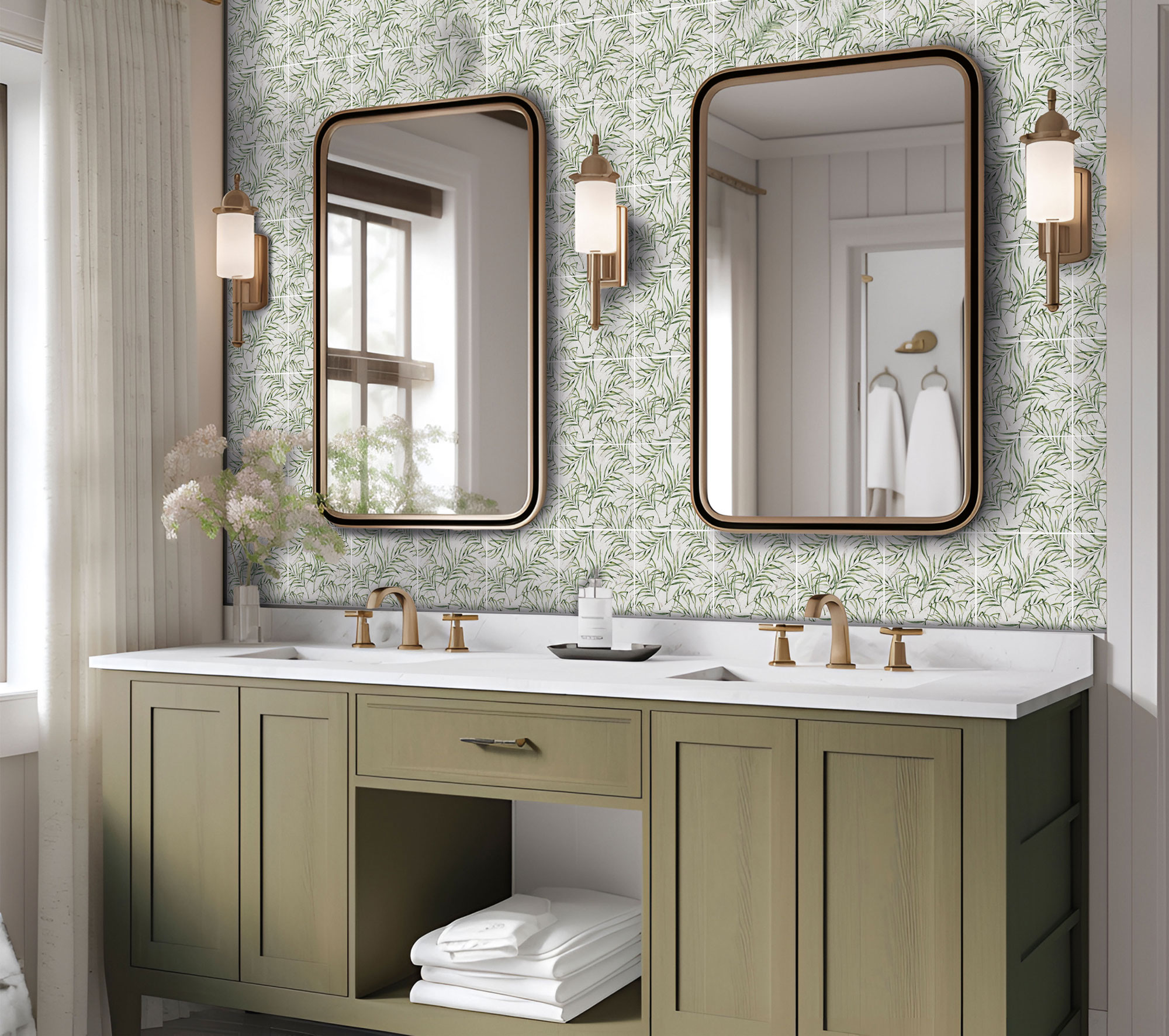 6"x6" Green Palm Leaf Printed Beige Marble | Mohawk Tile and Marble