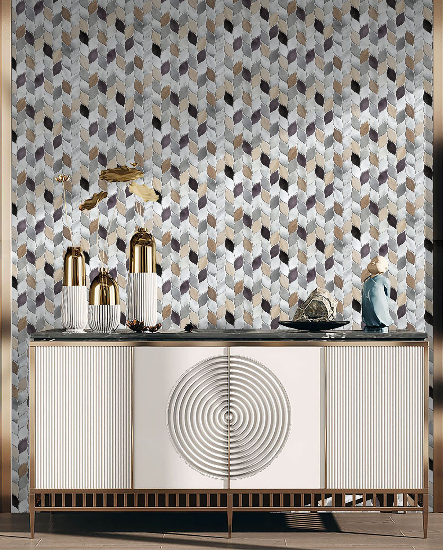 Aluminum & Marble Leaves 19 Grey Brown Mosaic 11"x12" | Mohawk Tile and Marble