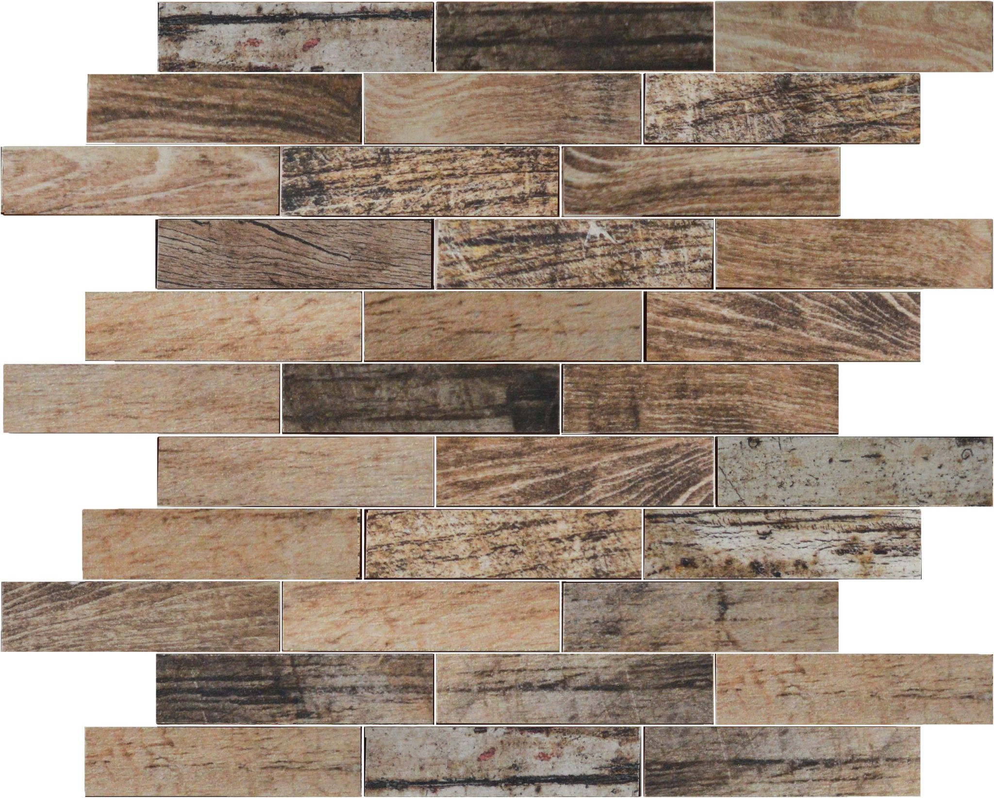 Beige Brown Mix Wood 1.1"x4" Glazed Ceramic Mosaic | Mohawk Tile and Marble