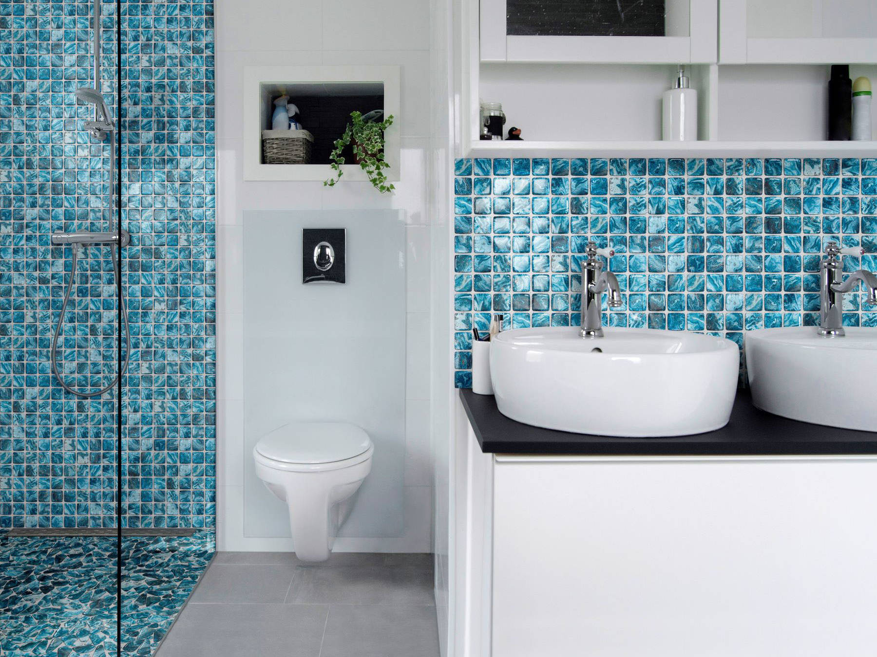 Glass Pebble Blue + Glass Square Blue Marble Pattern Mix | Mohawk Tile and Marble