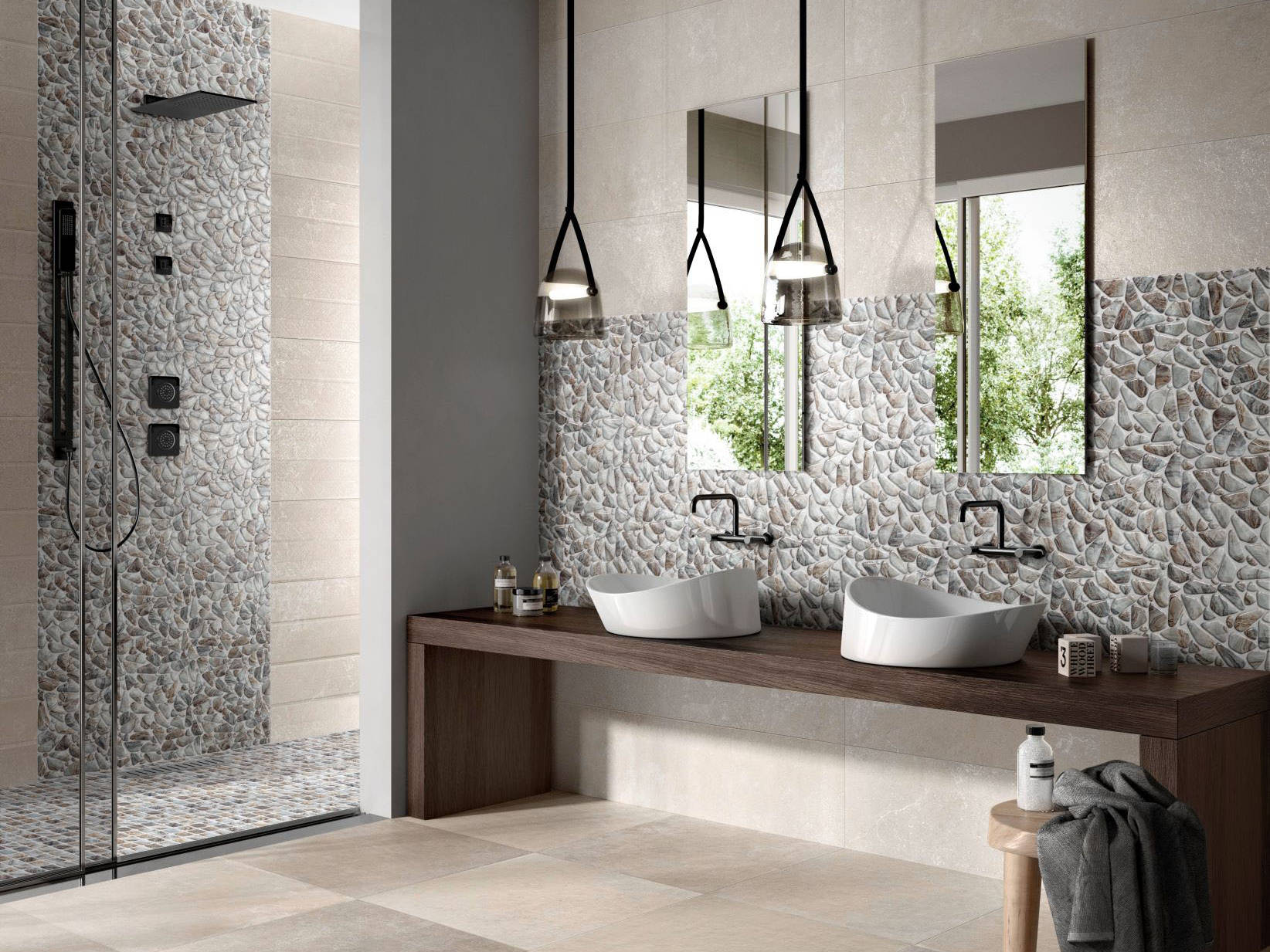 Glass Pebble Grey Beige Mix + Glass Square Grey Beige Mix | Mohawk Tile and Marble