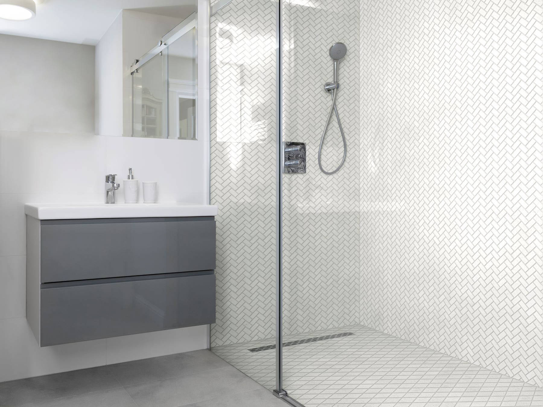 Herringbone Crystal + Crystal White  Marble Diamond | Mohawk Tile and Marble