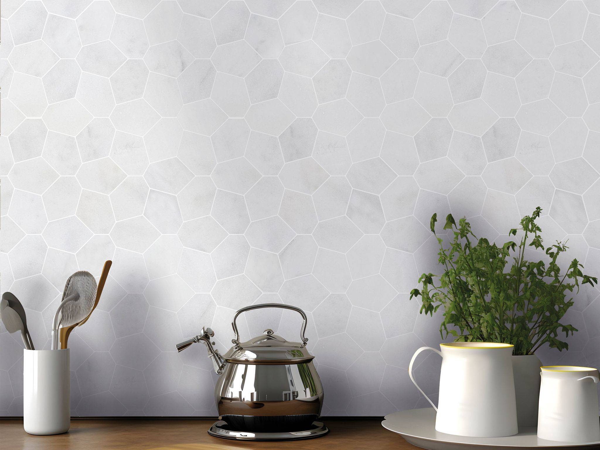 Irregular Hexagon White Grey Marble  | Mohawk Tile and Marble